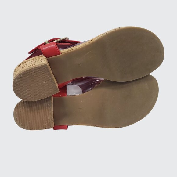 Pesaro Red Faux Leather Peep Toe Sandals With Cork Sole & Gold Buckle Size 11M - Picture 4 of 11